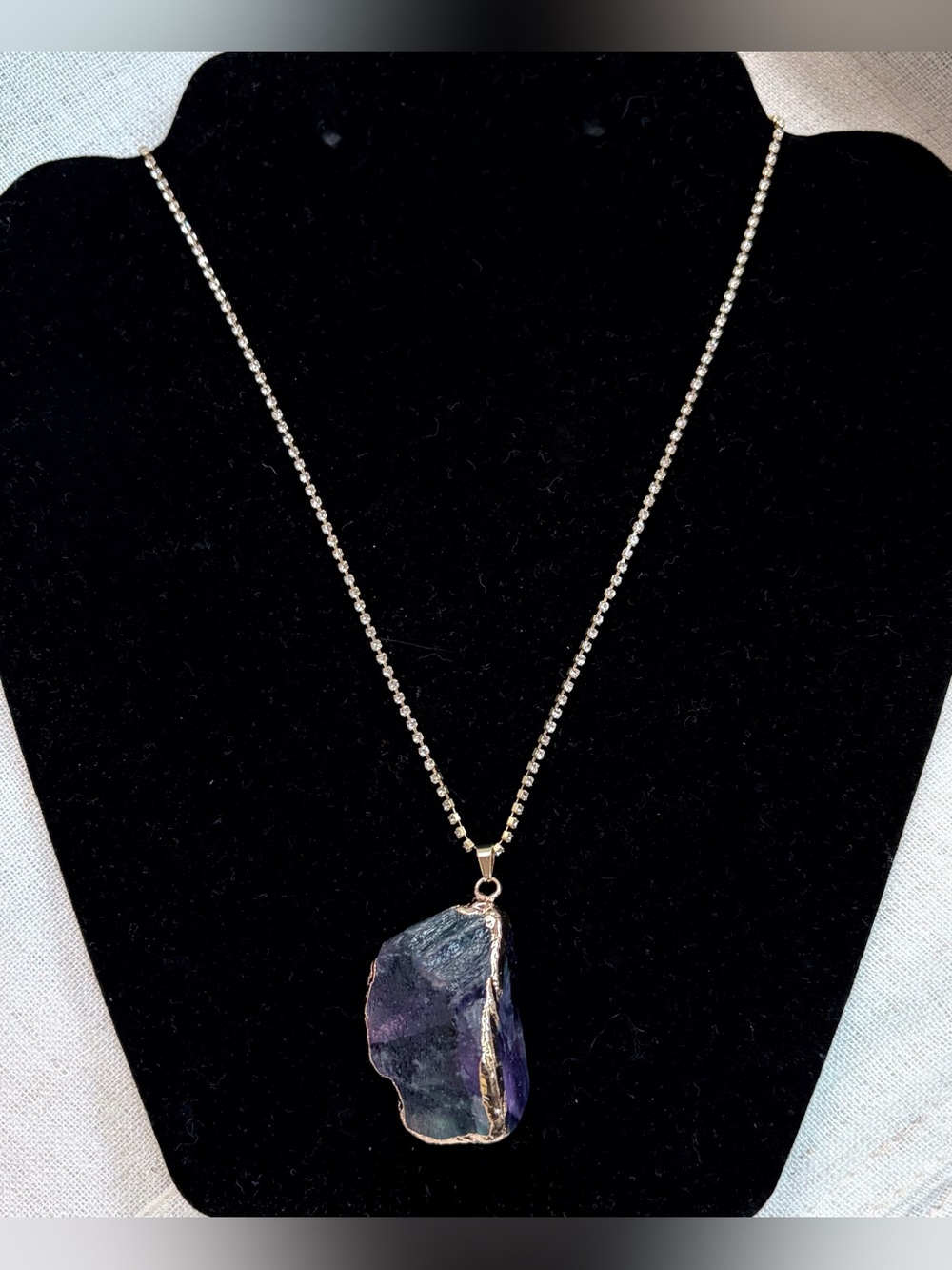 Amethyst pendant Necklace,dark purple,gold plated raw stone,mini crystals chain